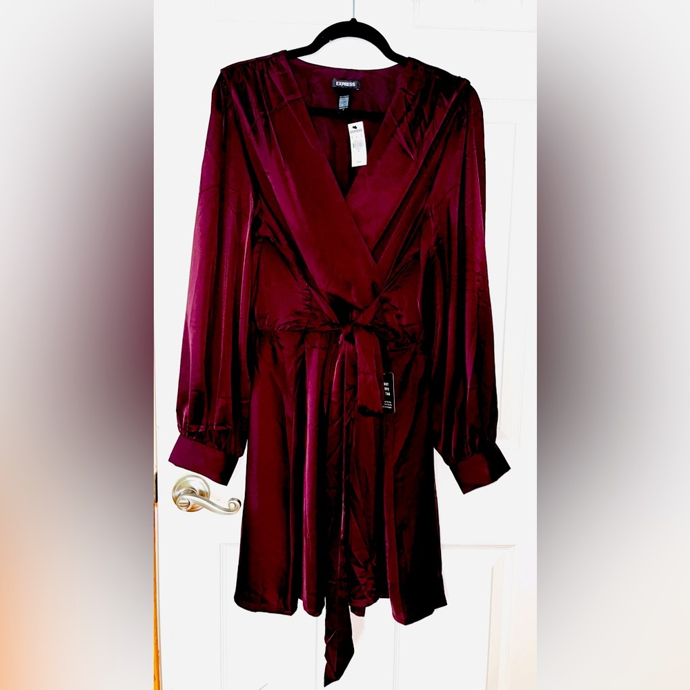 Express Long Sleeve Wrap Dress in Deep Burgundy